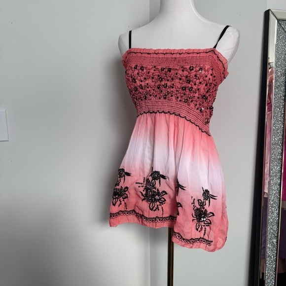 Y2K Pink and Black Embroidered Top Fairycore embroidered beaded sequins L/XL - Picture 2 of 6